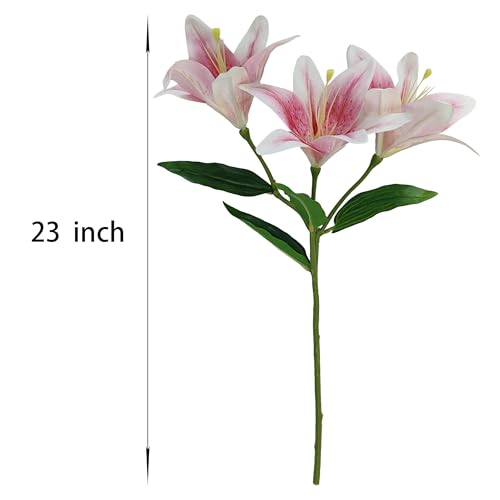 6 Pcs Light Pink Lilies Artificial Flowers,Faux Lily Flowers,23 Inch Long Stem Tiger Lily Branch with 3 Full Blooms and 4 Leaves, Latex Real Touch Lilium Flower for Wedding Bouquet - color: Light Pink