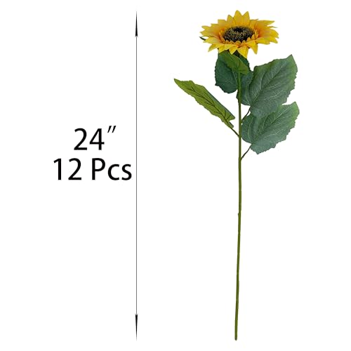 ATFL 12PCS Yellow Sunflowers Artificial Flowers, 24''Fake Silk Sunflower with Long Stem, Artificial Sunflowers for Fall Home Decor, Baby Shower, Wedding Decor and Cemetery Flowers Decor - size: 24"