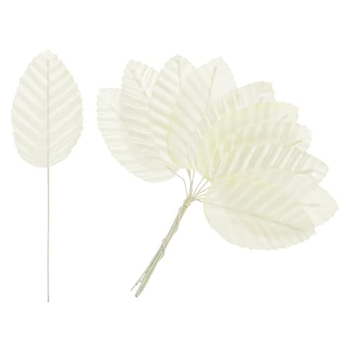 M METERXITY 100-Pack Artificial Silk Leaf, Faux Wire Single Leaves, Fake Flower Leaf with Stem for DIY Bouquet/Wreaths/Wedding/Garland/Party Decorations, Fake Rose Craft Leaves [Milky White] - color: Milky White
