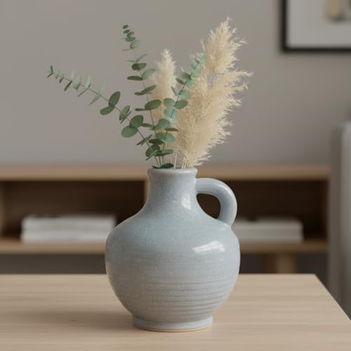 Sunddo Blue Ceramic Vases for Home Decor, 6 Inch Modern Decorative Vase with Handle, Small Flower Vase for Centerpiece, Entryway Living Room Dining Table Farmhouse Office Decor - color: Light Blue - 6, size: 6 Inch