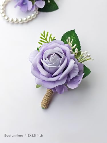 Purple Rose Corsage and Boutonniere Set Wristlet Corsage for Bride Bridesmaids, Boutonniere for Groom Groomsmen Prom Wedding Flowers Accessories,Homecoming, Anniversary, Graduation (Purple) - color: Purple