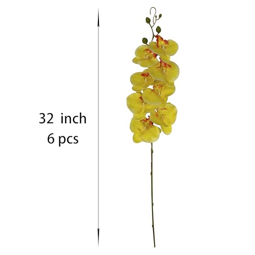 ATFL 6 Pack Yellow Orchid Artificial Flowers Real Touch, 32'' Artificial Fake Faux Silk Orchid Stem Bouquets for Wedding Party Home Garden Decor,Orquideas Artificiales para Decora (not Including Pot)