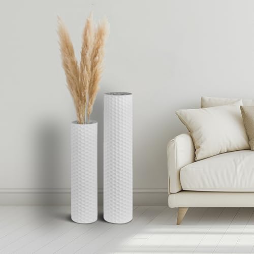 Sziqiqi White Tall Vases for Floor: 27.6/21.7in Metal Cylinder Handmade Flower Holder Extra Large Decorative Vase Set of 2 Modern Honeycomb Texture Big Standing Vase for Living Room Home Corner - color: White