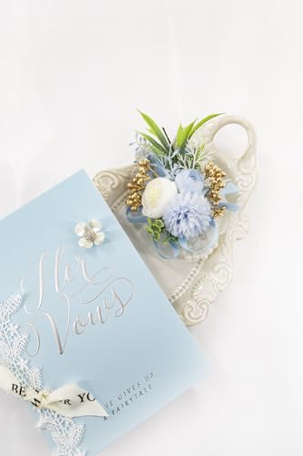 Ansofi Light Blue Corsage and Boutonniere Set Artificial Rose Flower Wrist Corsage and Boutineers for Groom Groomsmen Bride Bridesmaids Prom Rustic Vintage Wedding Decor - color: Light Blue