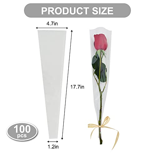 BEISHIDA 100 PCS Single Rose Sleeve Bouquet Bags Plastic Single Flower Wrapping Rose Packaging For Mother's Day Graduation Wedding Birthday Valentine's Day Party (Transparent) - color: Fully Transparent, size: 1 count (Pack of 100)