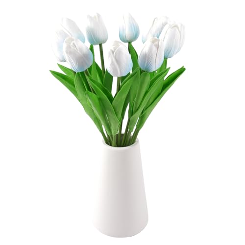 Real-Touch Artificial Tulips with Ceramic Vase, 10 Stems Faux Floral Arrangement, Spring Table Centerpiece, Modern Farmhouse Home Decor (White with Blue +vase) - color: White With Blue +Vase