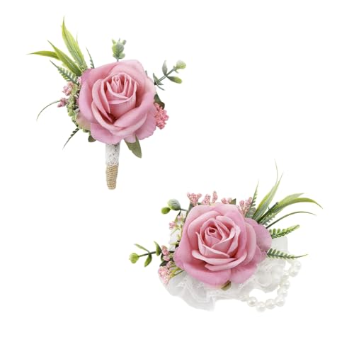 Ansofi Pink Corsage and Boutonniere Set Artificial Rose Flower Wrist Corsage and Boutineers for Groom Groomsmen Bride Bridesmaids Prom Rustic Vintage Wedding Decor - color: Pink