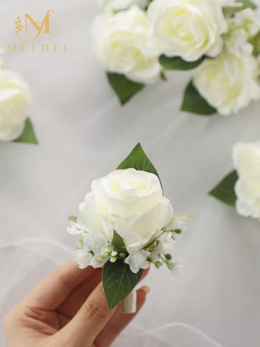 6Pcs Ivory White Rose Boutonniere for Men Wedding, Dance Party | Groomsmen Groom and Best Man Boutonniere for Wedding, Rose Boutonniere for Men Prom Homecoming Anniversary Party - color: White Boutonniere 6pcs