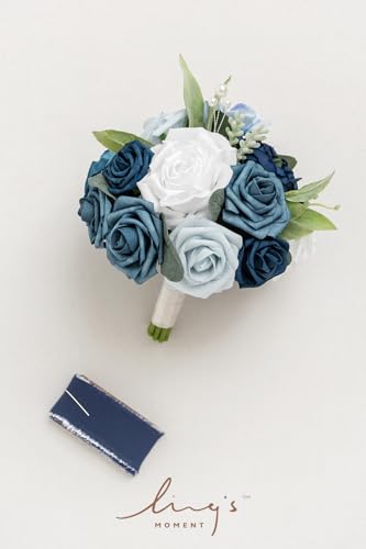 Ling's moment Navy Blue Artificial Wedding Flower Bouquet for Bridesmaid White Floral Bouquet Dusty Blue Bridal Bridesmaid Bouquets with Ribbon Ceremony Anniversary,7-inch Diameter - color: Blu-noble Navy Blue