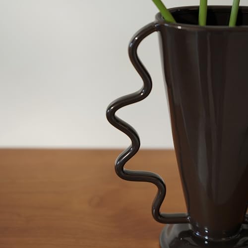 Wild Works Dark Brown Rotary Vase, 9.85” Tall Vintage Decor Vases Medieval Flower Vessel Living Room Entrance Personalized Simple Wabi Sabi Decorative Ornament Ceramic Ornament - color: Brown Rotary Vase