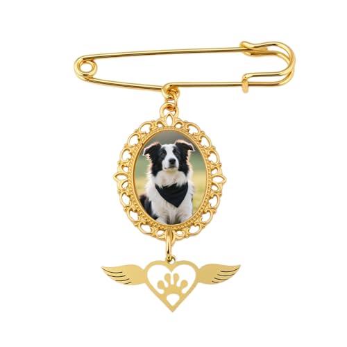 Wedding Bouquet Charm Dog Gold Picture Photo Frame Pin Pet Memorial Brooch Boutonniere Lace Oval Picture Charm With Heart Pendant Wing Pins for Grooms Bride Bridal Flower Bouquet Photo Pin