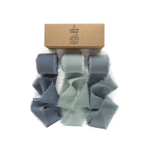Vitalizart Dusty Blue Handmade Chiffon Silk Ribbon Fringe 1.5" x 21 Yd Frayed Edges Ribbons for Wedding Invitations Bridal Bouquets Gifts Wrapping Crafts Holiday Party Decorations - color: Dusty Blue