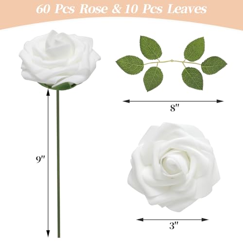 DerBlue 60pcs Artificial Roses Flowers with stem and 10pcs Green Leaves Real Looking Fake Roses Artificial Foam Roses Decoration DIY for Wedding,Arrangements Party Home Decorations - color: White