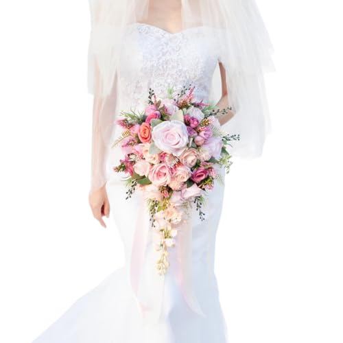 12 Inch Cascade Wedding Bouquets for Bride, Fuchsia & Pink Cascading Bridal Bouquet for Wedding Silk Artificial Flowers - color: Fuchsia & Pink