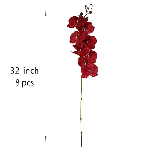 ATFL 8 Pack Red Orchid Artificial Flowers Real Touch, 32'' Artificial Fake Faux Silk Orchid Stem Bouquets for Wedding Party Home Garden Decor,Orquideas Artificiales para Decora (excluding The Pot) - color: Red