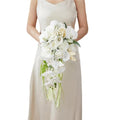 9.5 Inch White Cascade Bridal Bouquet for Bride with Artificial Rose Phalaenopsis Flower and Pearls Cascading Bridal Bride Wedding Bouquet Flower Wedding White and Champagne - color: White & Champagne
