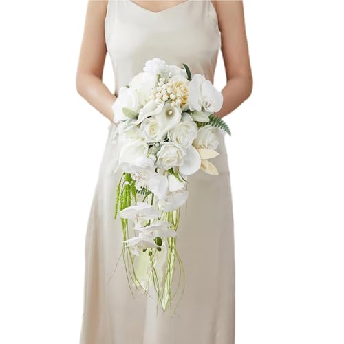 9.5 Inch White Cascade Bridal Bouquet for Bride with Artificial Rose Phalaenopsis Flower and Pearls Cascading Bridal Bride Wedding Bouquet Flower Wedding White and Champagne - color: White & Champagne