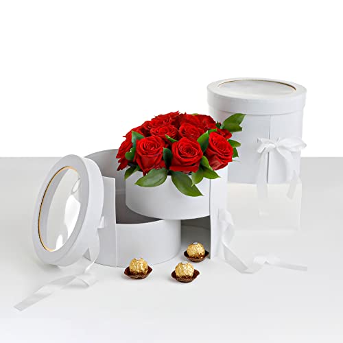 UNIKPACKAGING Premium Quality Round Flower/Gift Box 2 TIER w Lid, Size 7.8 dia x 7 inch for Luxury Arrangements (White) - color: White