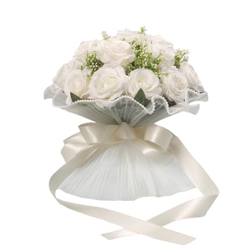 LEIFENY Wedding Bouquets for Bride, Ivory White Bridal Bridesmaid Wedding Flowers, Artificial Toss Rose with Silk Ribbon for Civil Ceremony