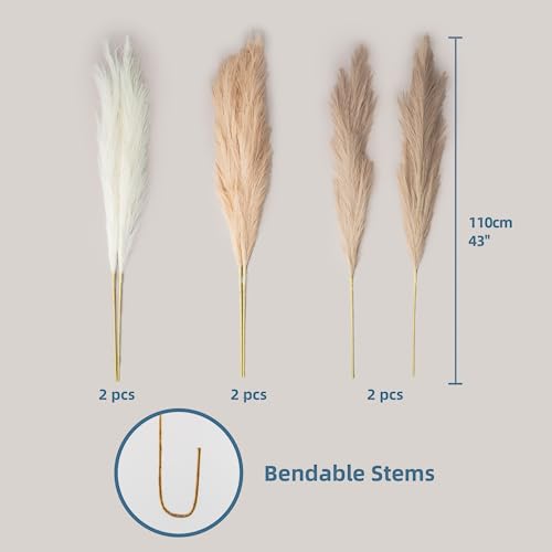 Pampas Grass Decor Tall, 43"/110cm Faux Pampas Grass 6 Stems Large Pompass Grass Branches Tall Bulk Boho Flower Arrangement for Home Room Wedding Party Decor - color: Beige& Light Curry& Brown Curry