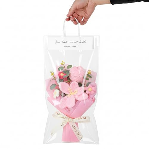 Crochet Flowers Bouquet Handmade Crochet Flowers Completed Crochet-Tulip-Flowers for Wedding Anniversary Birthday Graduation Gifts Birthday Home Decor, Pink