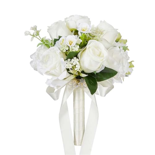CYANLUX Wedding Bouquets for Bride Bridesmaid Bouquet Champagne White Artificial Roses Flowers for Wedding Valentine's Day Church Home Decoration… (White Rose) - color: White Rose