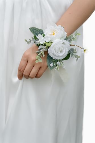 White Corsages for Wedding(Set of 6),Corsages for Prom,Party Prom Hand Flower Decor,Mother of The Bride Corsage,Bridesmaid Wrist Corsage - color: White&greenery