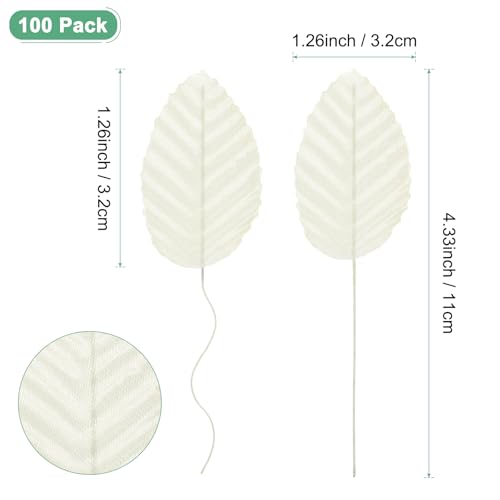 M METERXITY 100-Pack Artificial Silk Leaf, Faux Wire Single Leaves, Fake Flower Leaf with Stem for DIY Bouquet/Wreaths/Wedding/Garland/Party Decorations, Fake Rose Craft Leaves [Milky White] - color: Milky White