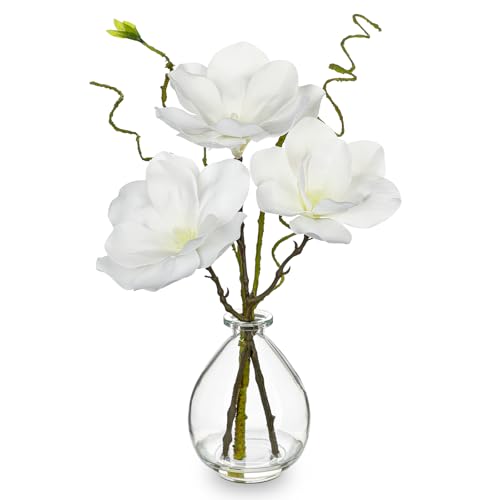 DILATATA Faux Flowers in Vase 14.5" Magnolias Flowers Arrangement with Faux Water Real Touch Flowers for Wedding Table Centerpiece Home Decor, White - color: White-magnolia#2