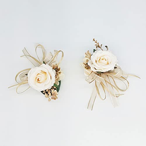 Bridal Wrist Corsage 2pcs Beige Satin Rose Hand Flower for Wedding Bride Bridesmaid Mother Sisters Wristband for Prom, Homecoming, Quinceanera, Tea Party, Bridal Shower, Formal Dinner - color: Beige Wrist Corsage