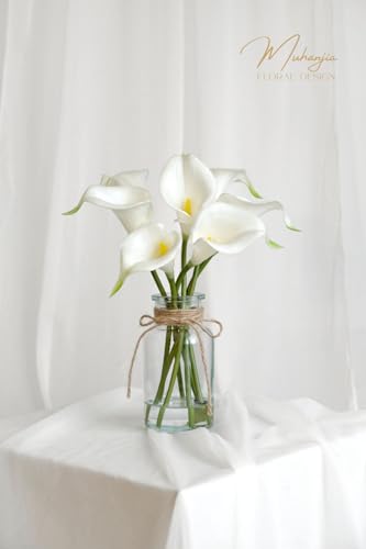 Muhanjia Artificial Flowers Calla Lily in Glass Vase with Faux Water,7Pcs Artificial Flower Real Touch Latex Flowers for Centerpiece Table Decorations Counter Decor(White Calla Lily)