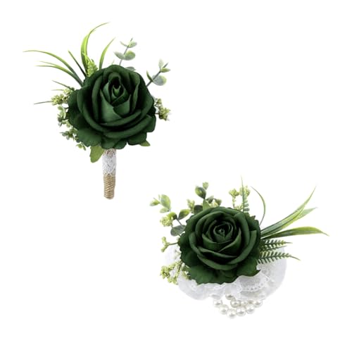 Ansofi Green Corsage and Boutonniere Set Artificial Rose Flower Wrist Corsage and Boutineers for Groom Groomsmen Bride Bridesmaids Prom Rustic Vintage Wedding Decor - color: Green