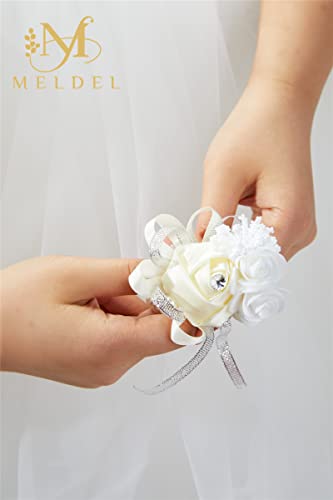 6pcs Beige-White Wedding Wrist Corsages Faux Silk Rose for Women | for Wedding, Prom, Homecoming, and Evening Party, Corsages with Pearls for Brides, Bridesmaids, the Mother of the Bride - color: 6pcs Beige Wrist Corsages