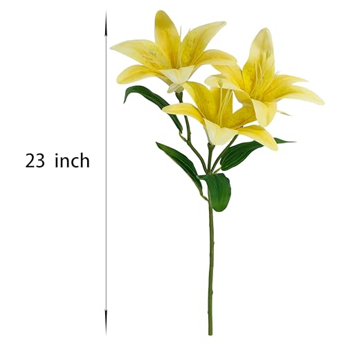 Artificial Lily Flowers,6 Pcs Faux Lily Flowers,23 Inch Long Stem Tiger Lily Branch with 3 Full Blooms and 4 Leaves, Latex Real Touch Lilium Flower for Wedding Bouquet (6, Yellow) - color: Yellow