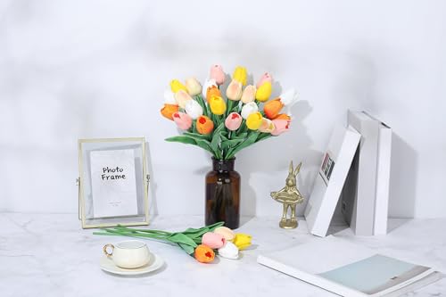 SITUMEIZI Fake Flowers Tulips Artificial PU Flower 15pcs Real Touch 14" for Spring Easter Home Kitchen Wedding Bouquet Bulk Mother's Gift Day Decorations(Multicolor,5-2) - color: White,pink,sunset Red,light Orange,yellow