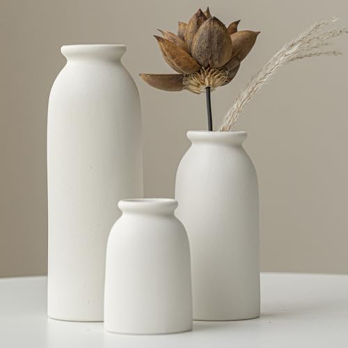 Ceramic Vase Set-3, Small Flower Vases for Decor, Modern Boho Farmhouse Style, Decorative Vases for Pampas Grass & Dried Flowers, Distressed Finish (White) - color: White