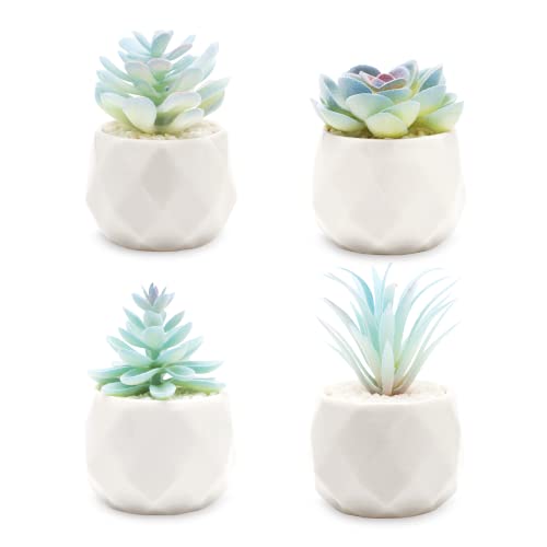 VIVERIE Mini Blue Artificial Succulent in Pots (White Ceramic, 4 Pot Set) Fake Plants for Indoors, Office Decor Gift for Women, Office Home Decor Gifts, Faux Plant for Shelf/Desk/Bathroom Decor - color: Blue