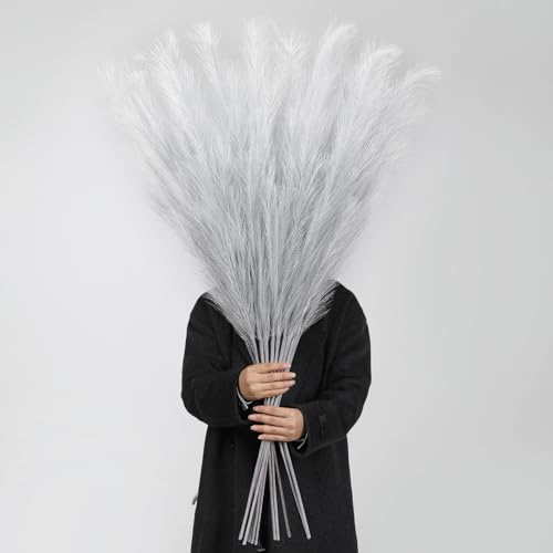 Wertuirk Silver Pampas Grass Decor, 8 Pcs 45 Inch Tall Large Faux Pompous Grass, Long Artificial Flowers for Floor Vases, Wedding Centerpieces, Baby Shower and Home Decoration (Silver) - color: Silver