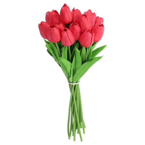 uxcell 20pcs Tulips Artificial Flowers, Faux Flowers Silk Fake Tulip Stems Real Touch for Wedding Bouquet Centerpiece Table Party Decoration(Dark Red) - color: Dark Red