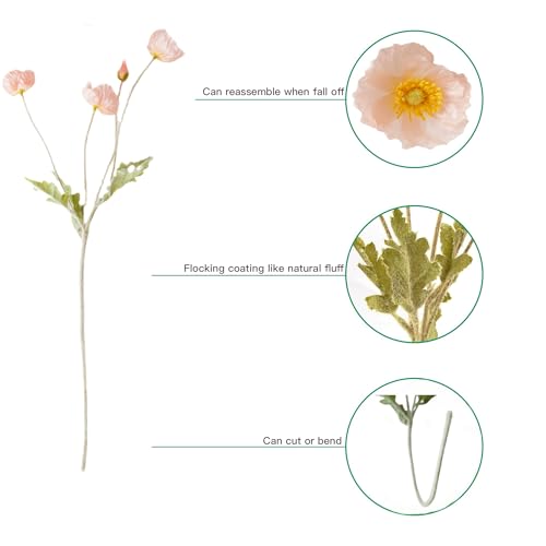 Artificial Poppy Flowers, 5 Bundles Faux Poppies with Stems for Floral Arrangements - Wedding, Home, Office, Party Table Centerpiece Decor (Light Peach) - color: Light Peach