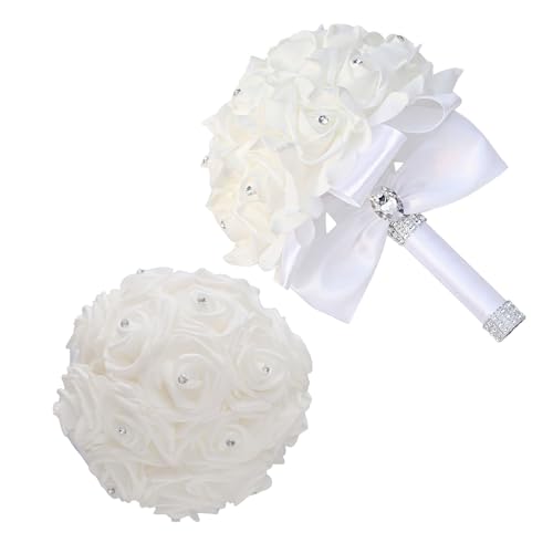 Wedding Bouquets for Bride, Bridal Flowers for Wedding, Bride Bridesmaid Hand Flowers Bridal Bouquet Crystal Diamond Silk Roses, Artificial Flowers Bouquet for Church Wedding Party (White) - color: White
