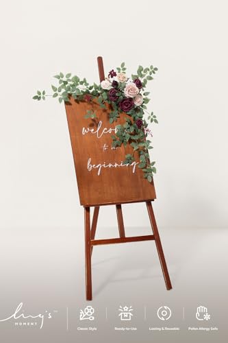 Ling's moment Wedding Artificial Welcome Sign Flowers Swag Arch Floral Garland Decorations Marsala Blush Ceremony Reception Entrance Entryway Party Banquets Easel Wall Home Outdoor(NOT Include Sign) - color: Marsala & Blush