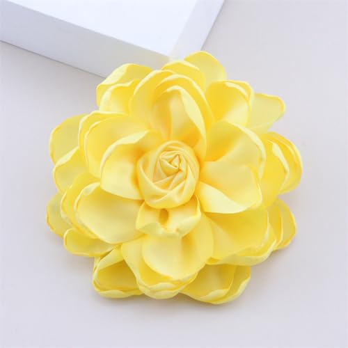 Dainty Satin Rose Flower Brooch Pins for Women Delicate Large Camellia Pins Shawl Clips Duckbill Clips Wedding Prom Banquet Party Jewelry Gift - color: Lemon