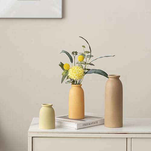 Ceramic Vase Set-3, Small Flower Vases for Decor, Modern Boho Farmhouse Style, Decorative Vases for Pampas Grass & Dried Flowers, Distressed Finish (Brown Mix) - color: Brown Mix
