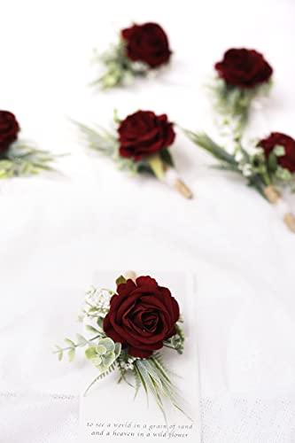 Ansofi Set of 6 Wine Red Boutonniere for Best Men Groom Groomsmen Burgundy Buttonholes for Wedding Party Prom Decoration