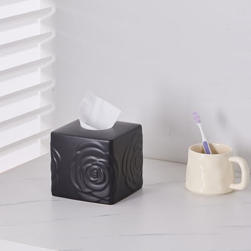 Black Ceramic Rose Tissue Box Cover, Carved Flowers Large Square Tissue Box Holder Decorative for Bathroom, Vanity, Kitchen Countertop, Bedroom Night Stands, Office Desk Top - color: Black