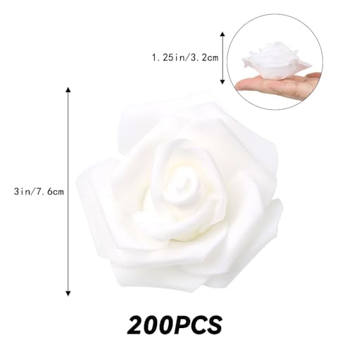 200pcs White Artificial Foam Rose Flower Head, 3-Inch Fake Flower Heads Stemless Flowers for DIY Crafts,Wedding Bouquets Centerpieces Arrangements Party Baby Shower Home Decor (White) - color: White, size: 200PCS