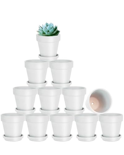 vensovo 3 inch White Terracotta Clay Pots for Plants with Saucer - 12 Pack Small Terra Cotta Planter Great for Garden Windowsill Indoor & Outdoor Wedding Favors Gifts - color: White