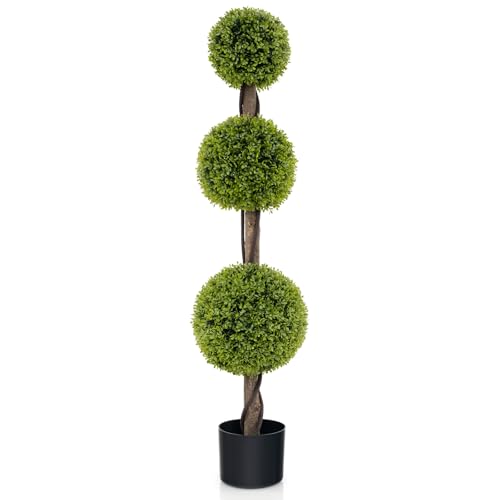 GOFLAME Artificial Boxwood Topiary Tree, 4FT Faux Triple Ball Topiary Tree in Cement-Filled Pot, Fake Boxwood Plant Potted with Rattan Trunk for Home Porch, Indoor Outdoor Use, 1 Pack - size: 4ft