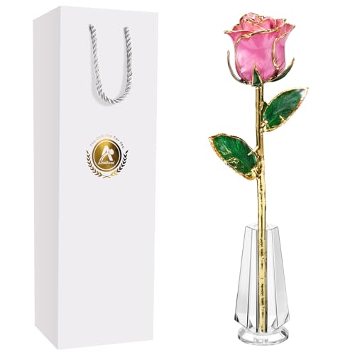 AliveRose Gold Plated Rose Made from Real Rose - Unique Design 24K Dipped Rose for Anniversary Valentines Mothers Day Birthday Gifts for Wife (Pink Original with Crystal Vase) - color: 5. Pink Original Rose With Crystal Vase